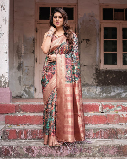 Pure Banarasi Digitally Printed Silk Saree Weaved With Zari Comes With Tassels - Almaari Fashion