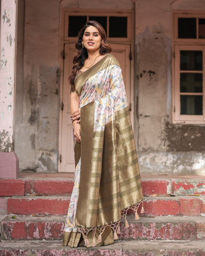 Pure Banarasi Digitally Printed Silk Saree Weaved With Zari Comes With Tassels - Almaari Fashion