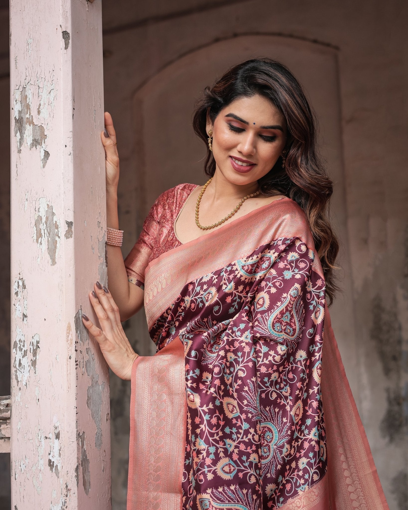 Pure Banarasi Digitally Printed Silk Saree Weaved With Zari Comes With Tassels - Almaari Fashion