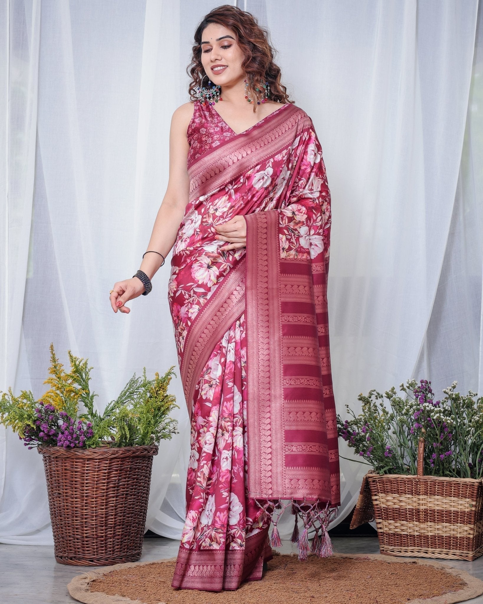 Pure Banarasi Digitally Printed Silk Saree Weaved With Zari Comes With Tassels. - Almaari Fashion