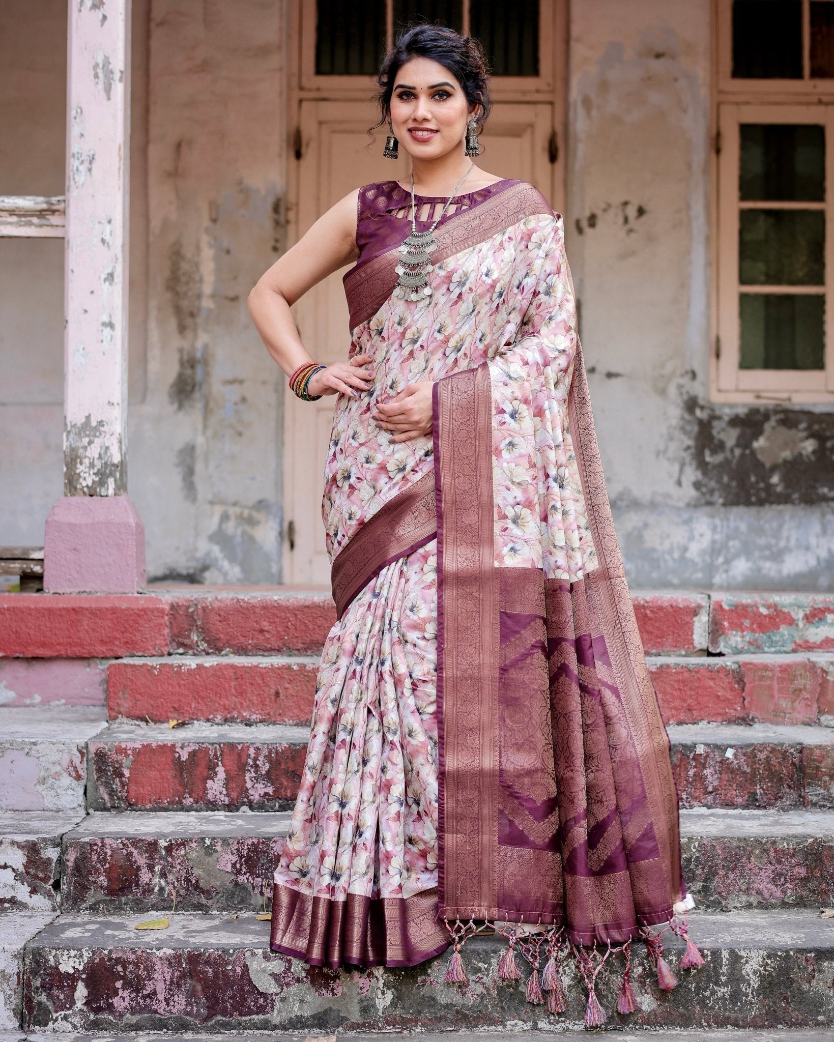 Pure Banarasi Silk Saree Weaved With Golden Zari Comes With Tassels - Almaari Fashion