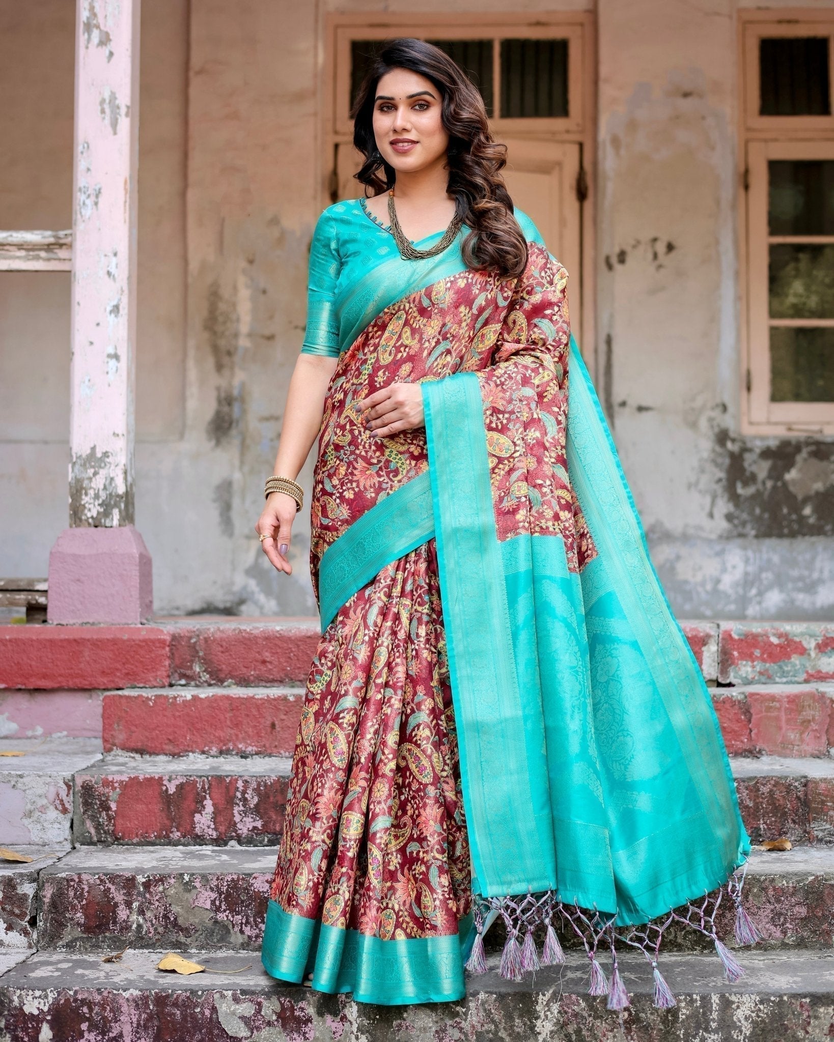 Pure Banarasi Silk Saree Weaved With Golden Zari Comes With Tassels - Almaari Fashion