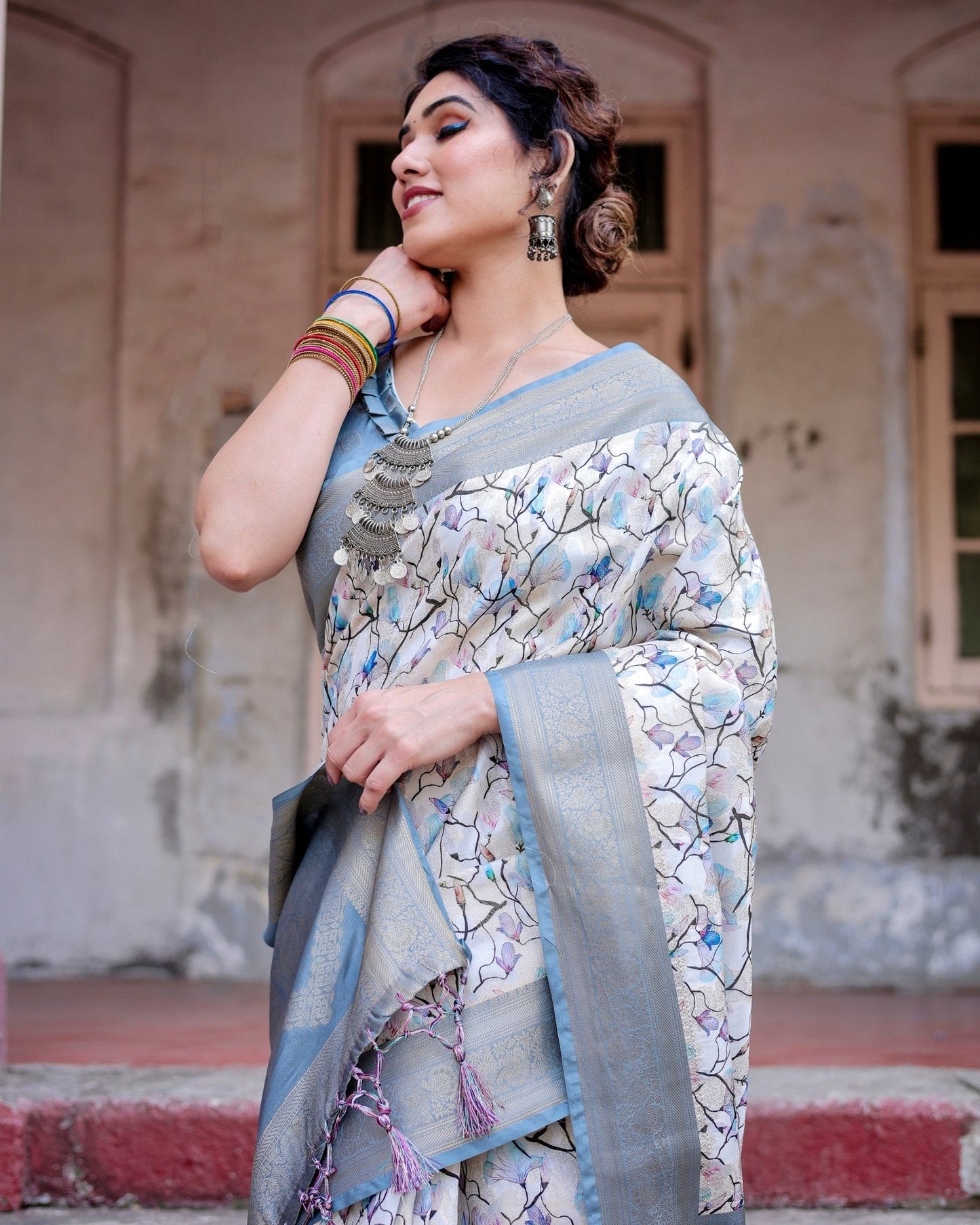 Pure Banarasi Silk Saree Weaved With Golden Zari Comes With Tassels - Almaari Fashion