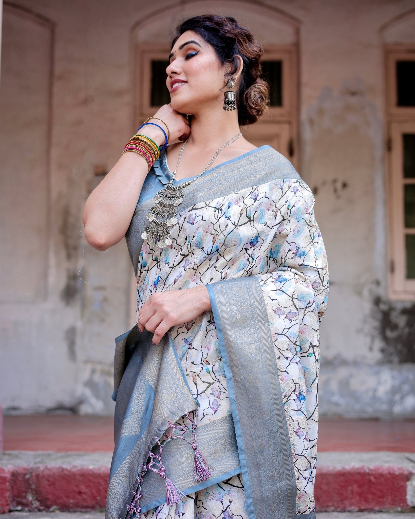 Pure Banarasi Silk Saree Weaved With Golden Zari Comes With Tassels - Almaari Fashion