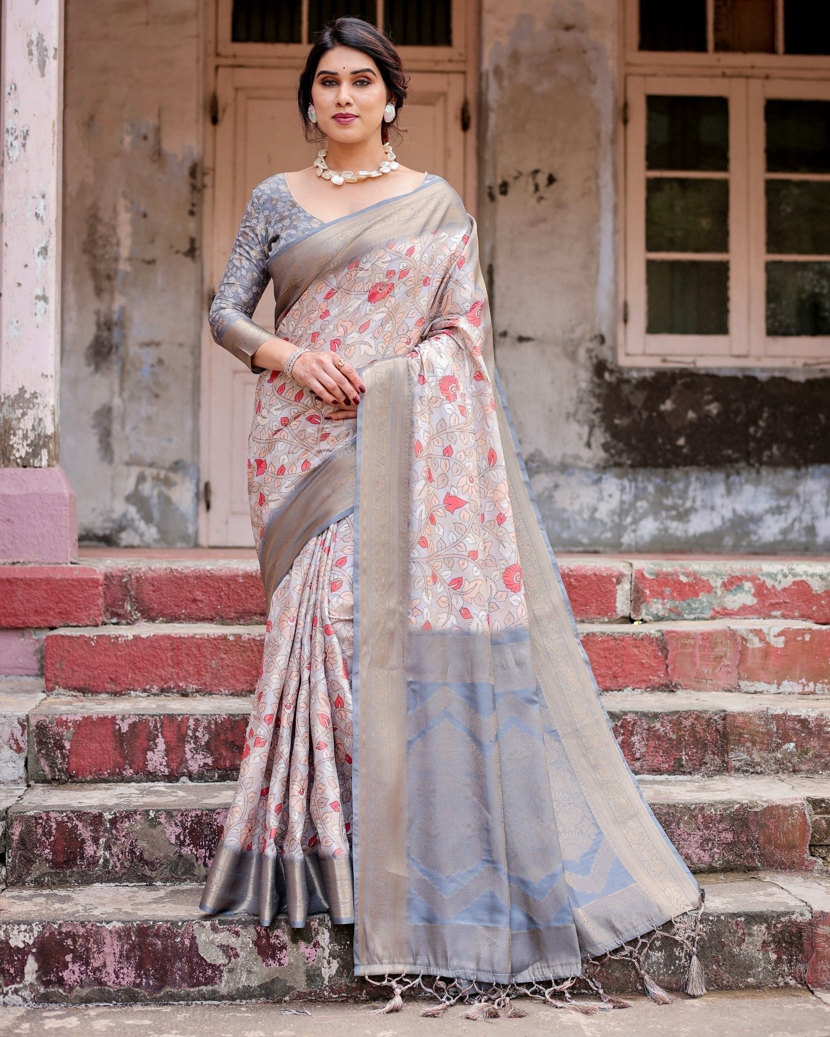 Pure Banarasi Silk Saree Weaved With Golden Zari Comes With Tassels - Almaari Fashion