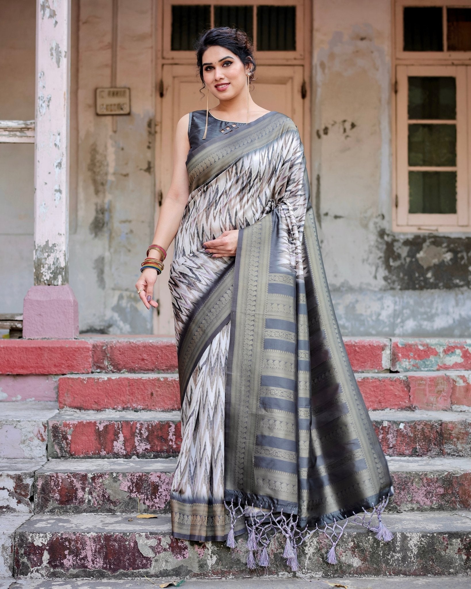 Pure Banarasi Silk Saree Weaved With Golden Zari Comes With Tassels - Almaari Fashion