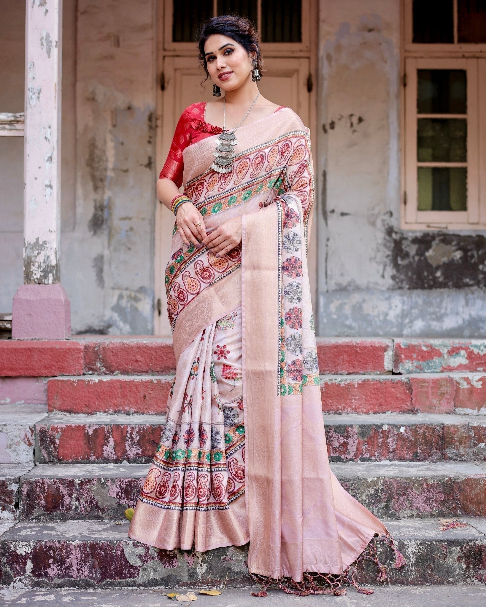 Pure Banarasi Silk Saree Weaved With Golden Zari Comes With Tassels - Almaari Fashion