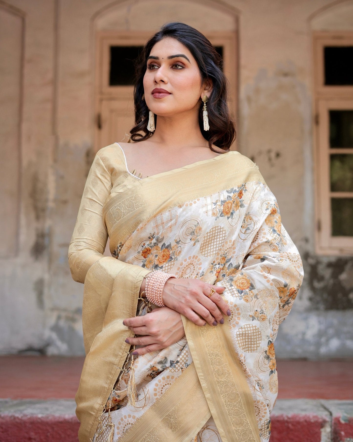 Pure Banarasi Silk Saree Weaved With Golden Zari Comes With Tassels - Almaari Fashion