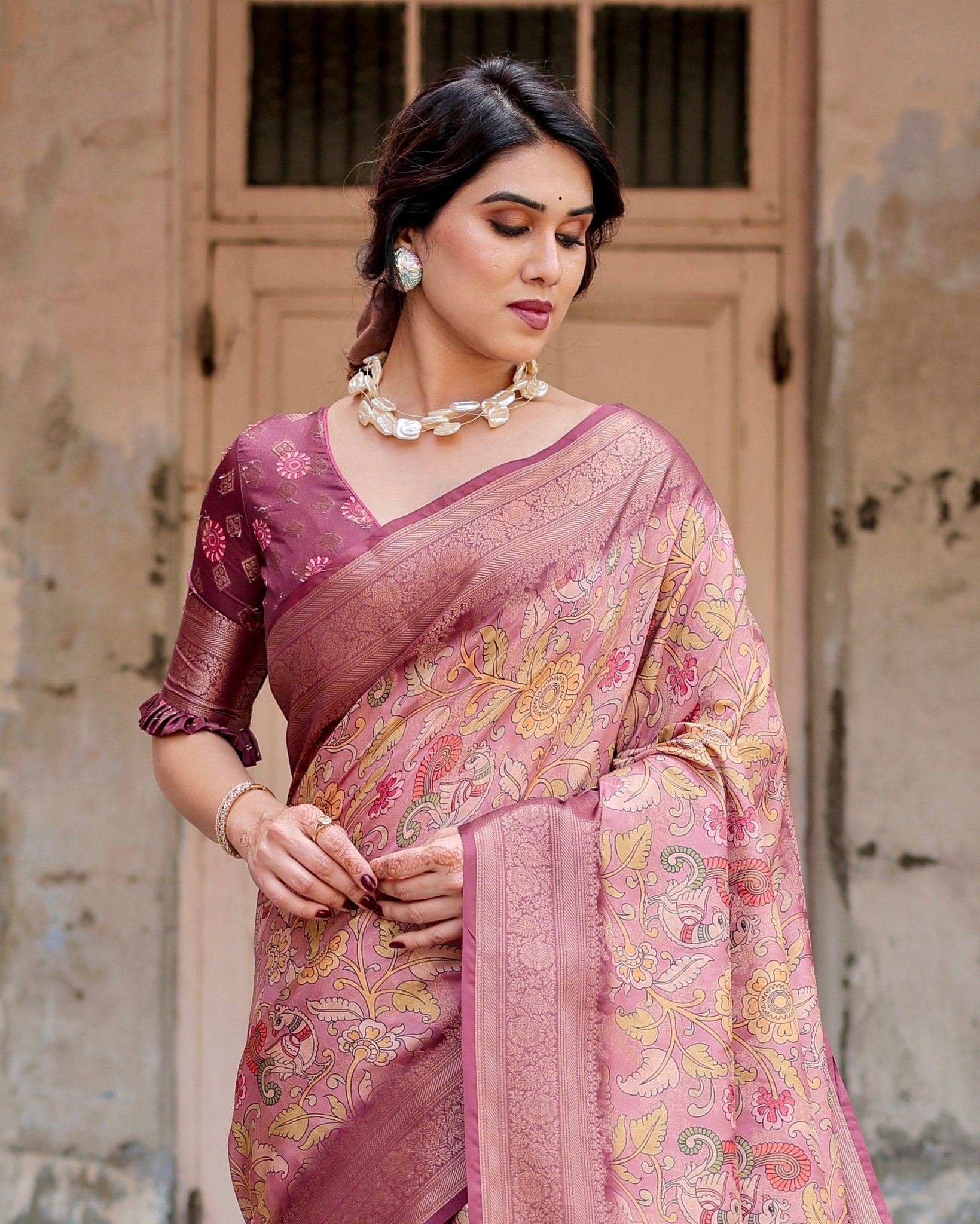 Pure Banarasi Silk Saree Weaved With Golden Zari Comes With Tassels - Almaari Fashion