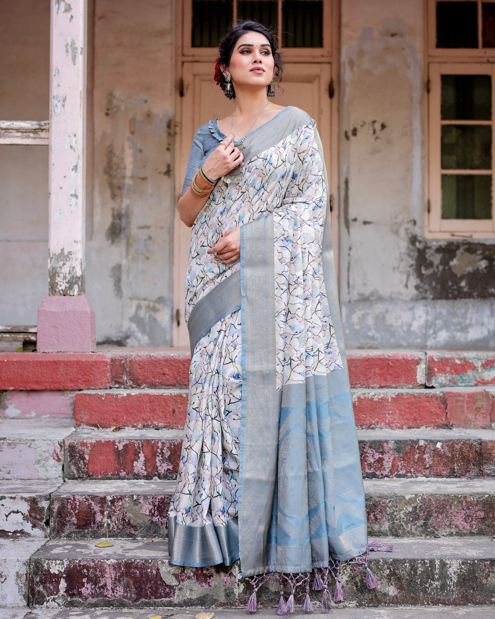 Pure Banarasi Silk Saree Weaved With Golden Zari Comes With Tassels - Almaari Fashion