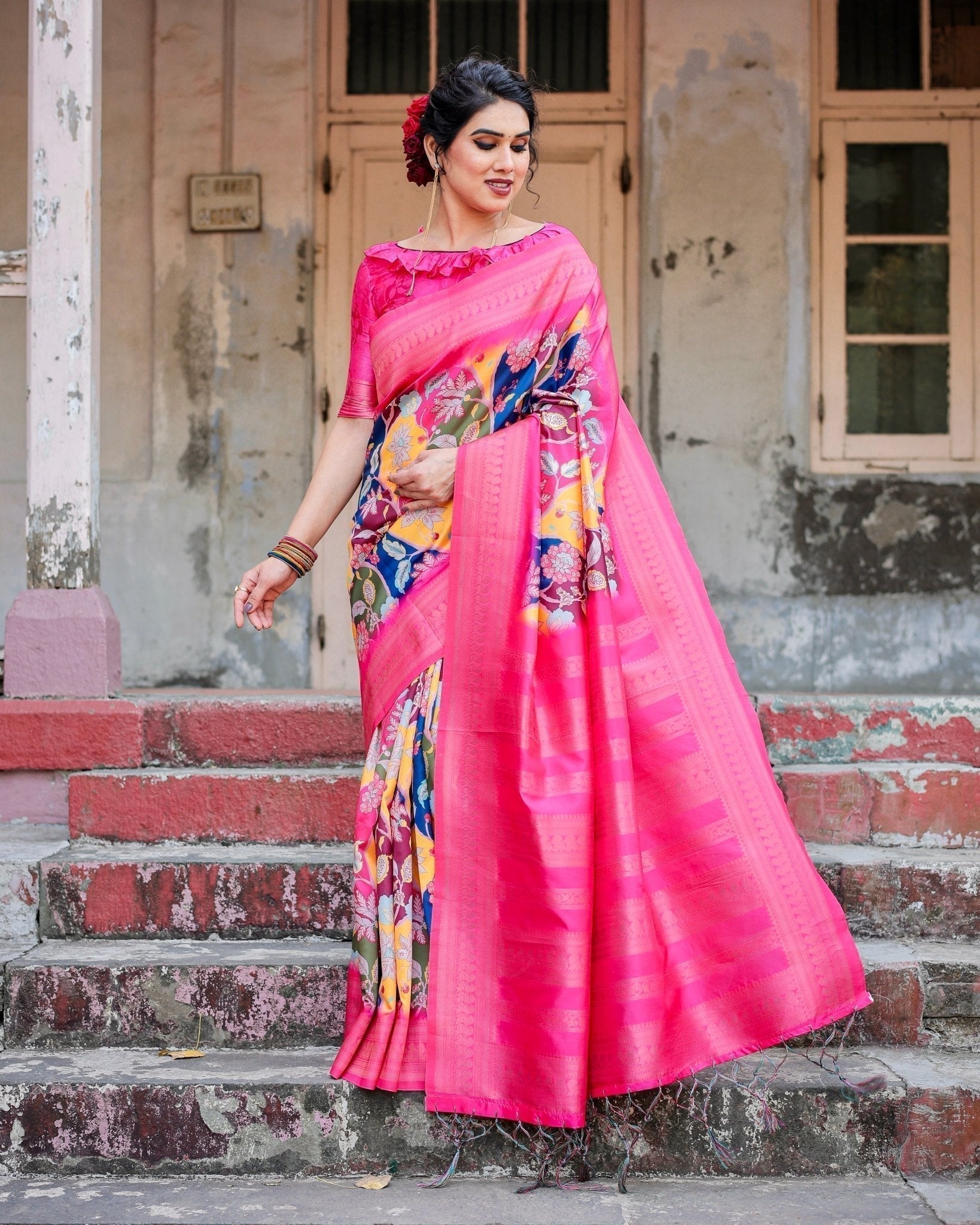 Pure Banarasi Silk Saree Weaved With Golden Zari Comes With Tassels - Almaari Fashion