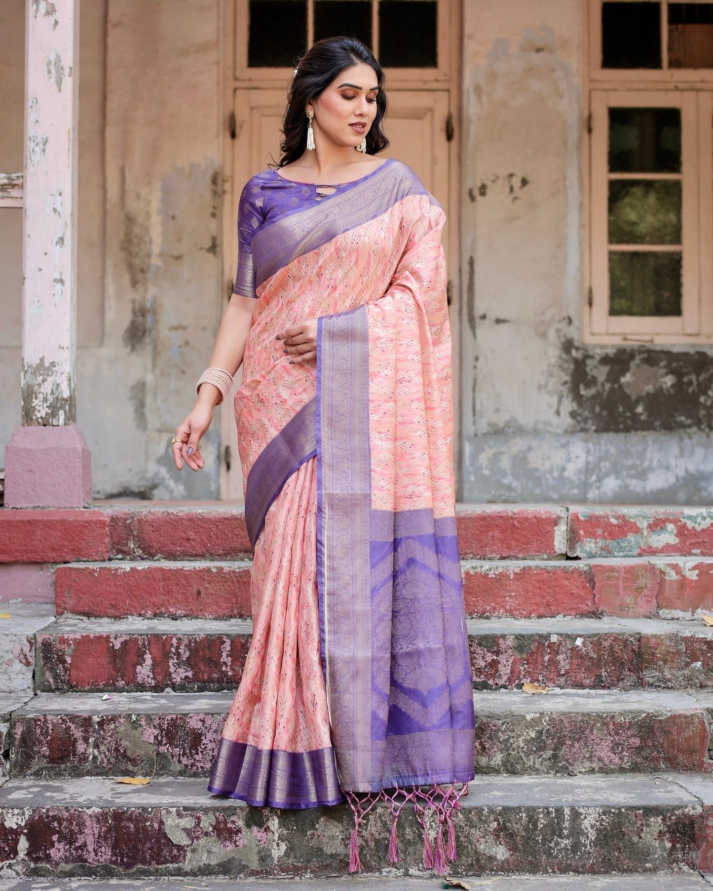 Pure Banarasi Silk Saree Weaved With Golden Zari Comes With Tassels - Almaari Fashion