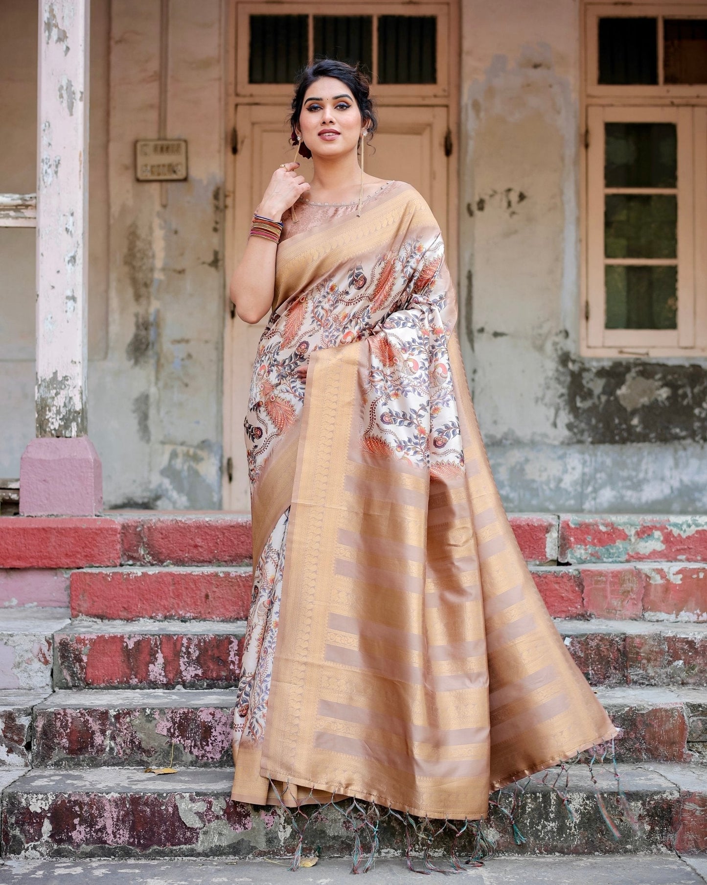 Pure Banarasi Silk Saree Weaved With Golden Zari Comes With Tassels - Almaari Fashion