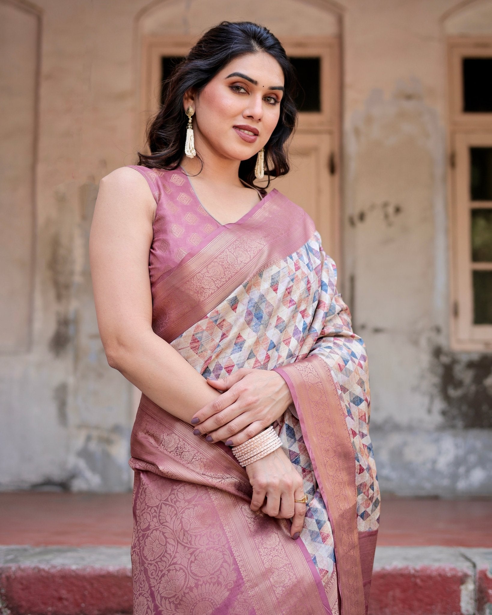 Pure Banarasi Silk Saree Weaved With Golden Zari Comes With Tassels - Almaari Fashion