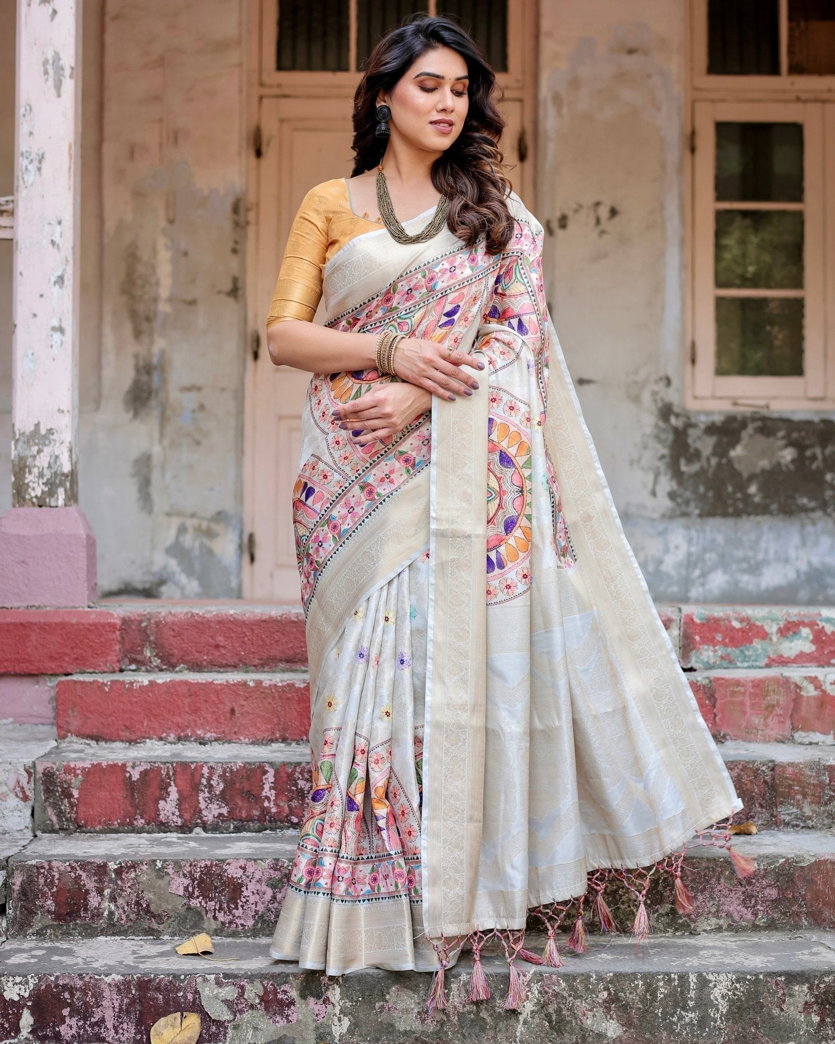 Pure Banarasi Silk Saree Weaved With Golden Zari Comes With Tassels - Almaari Fashion