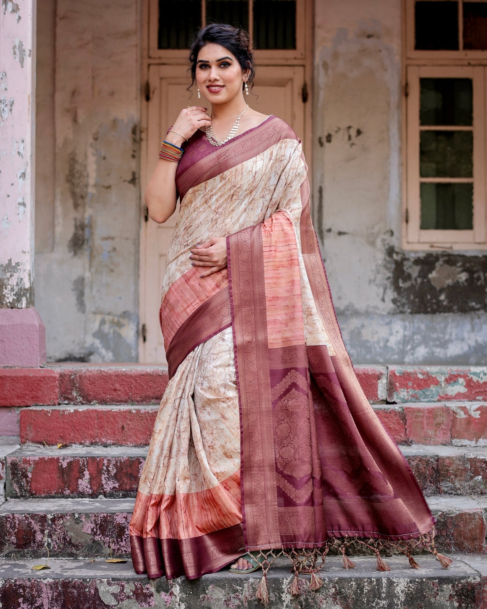 Pure Banarasi Silk Saree Weaved With Golden Zari Comes With Tassels - Almaari Fashion