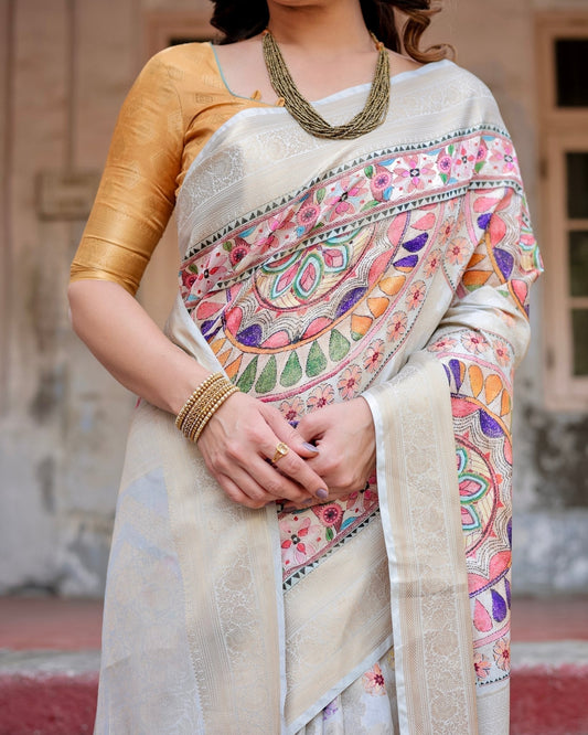 Pure Banarasi Silk Saree Weaved With Golden Zari Comes With Tassels - Almaari Fashion