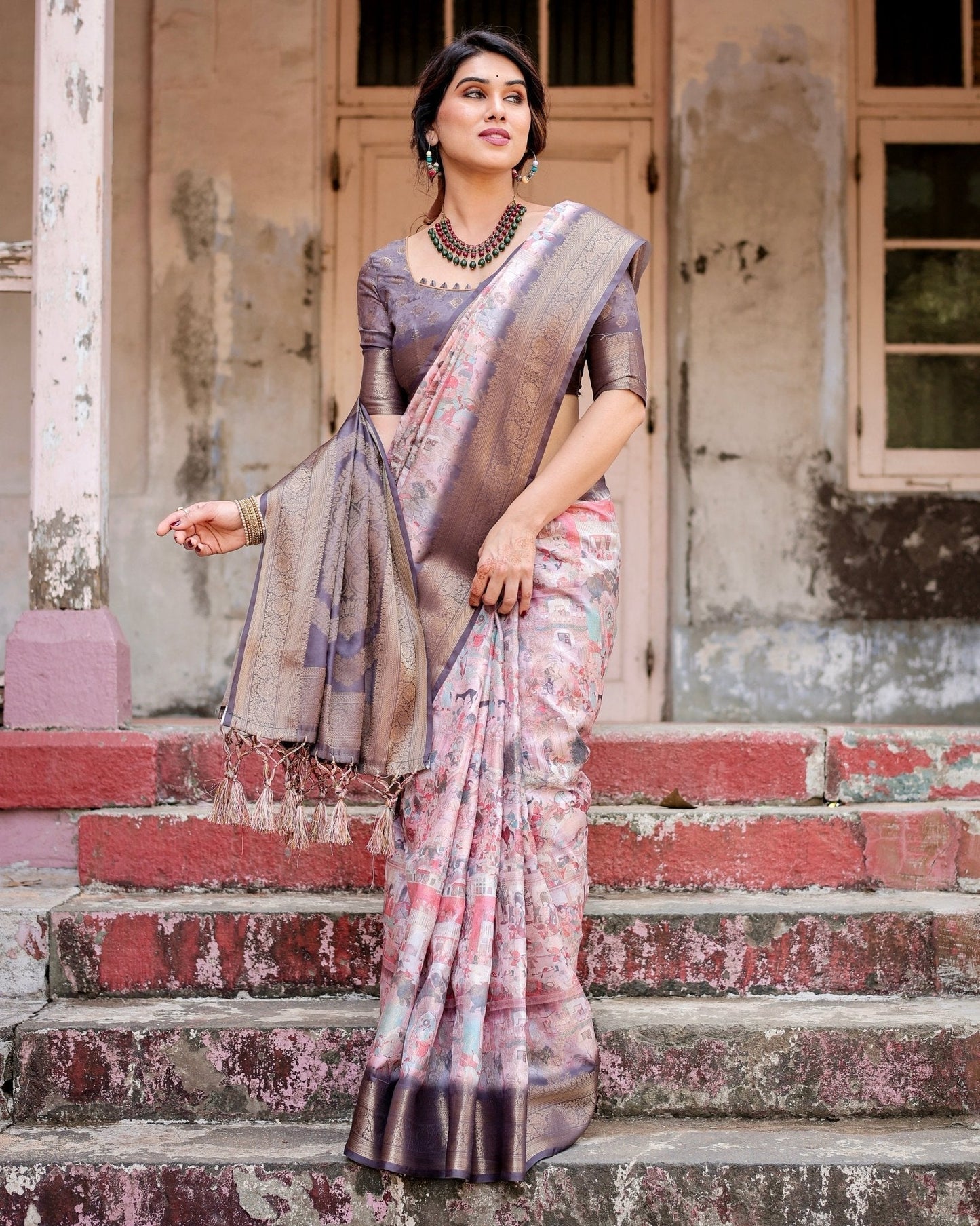 Pure Banarasi Silk Saree Weaved With Golden Zari Comes With Tassels - Almaari Fashion