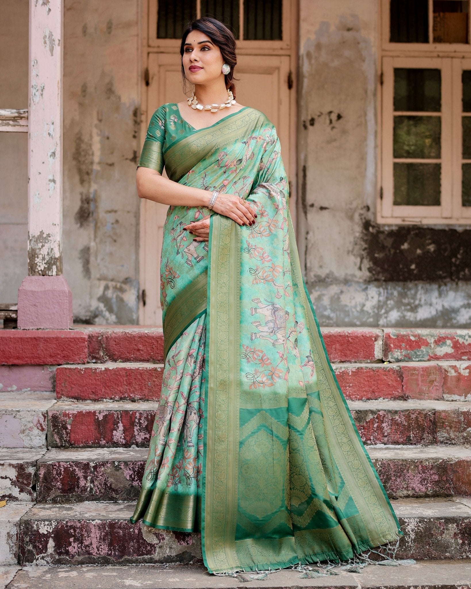 Pure Banarasi Silk Saree Weaved With Golden Zari Comes With Tassels - Almaari Fashion