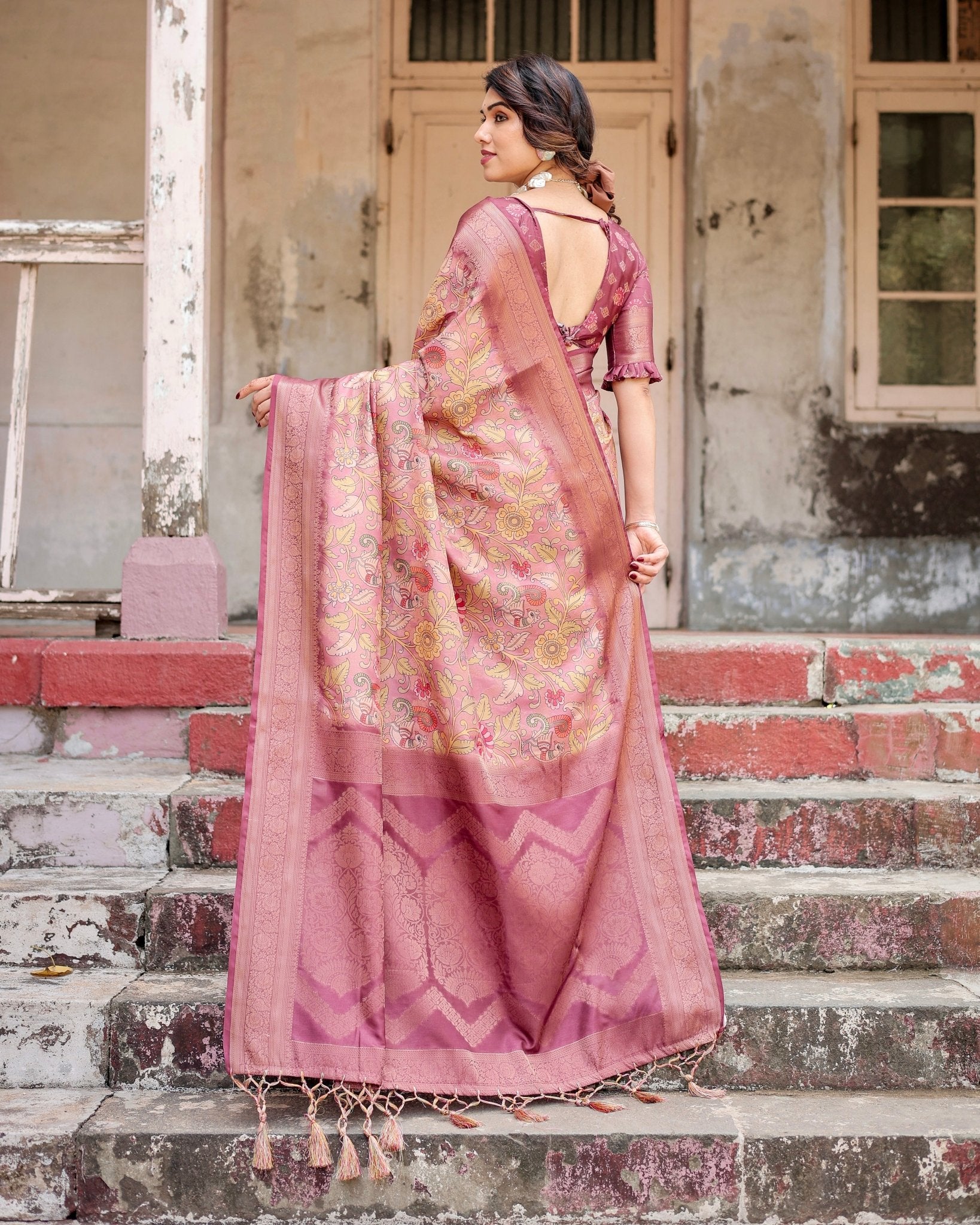 Pure Banarasi Silk Saree Weaved With Golden Zari Comes With Tassels - Almaari Fashion