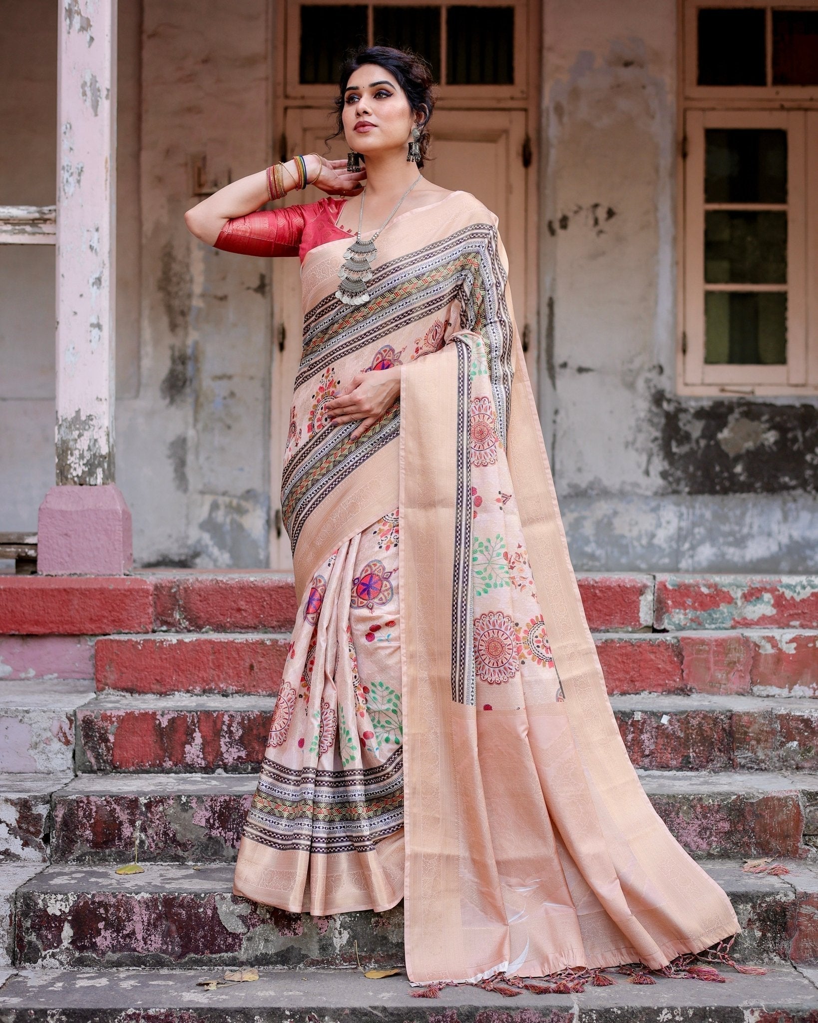 Pure Banarasi Silk Saree Weaved With Golden Zari Comes With Tassels - Almaari Fashion