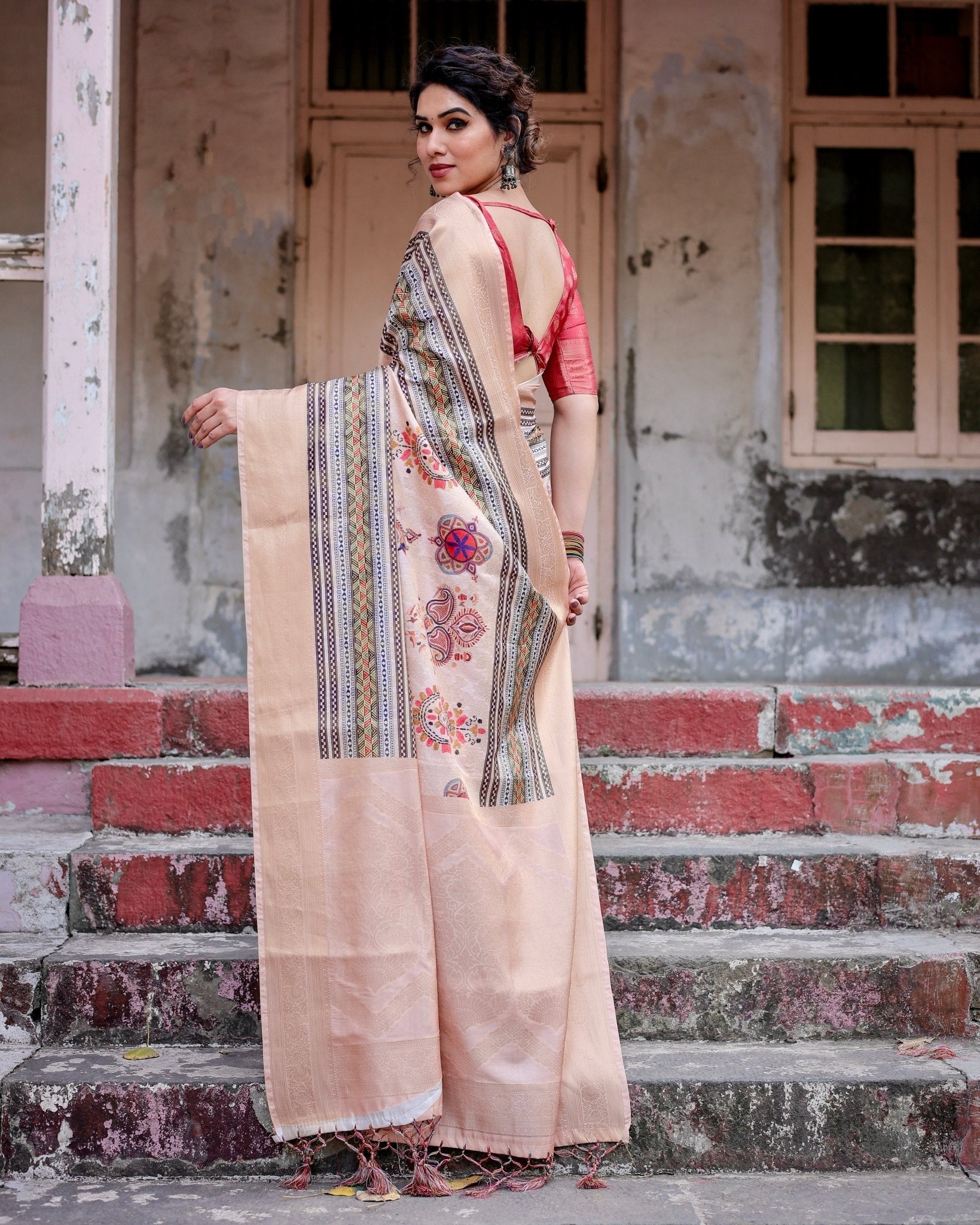 Pure Banarasi Silk Saree Weaved With Golden Zari Comes With Tassels - Almaari Fashion