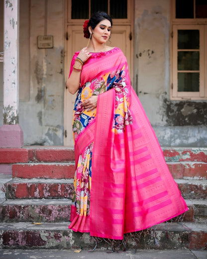 Pure Banarasi Silk Saree Weaved With Golden Zari Comes With Tassels - Almaari Fashion