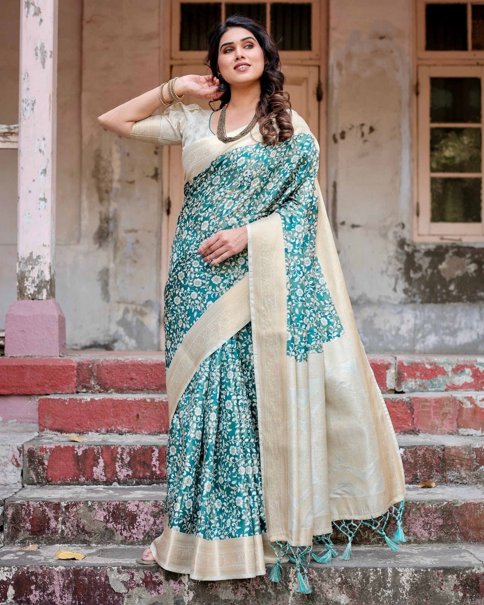 Pure Banarasi Silk Saree Weaved With Golden Zari Comes With Tassels - Almaari Fashion