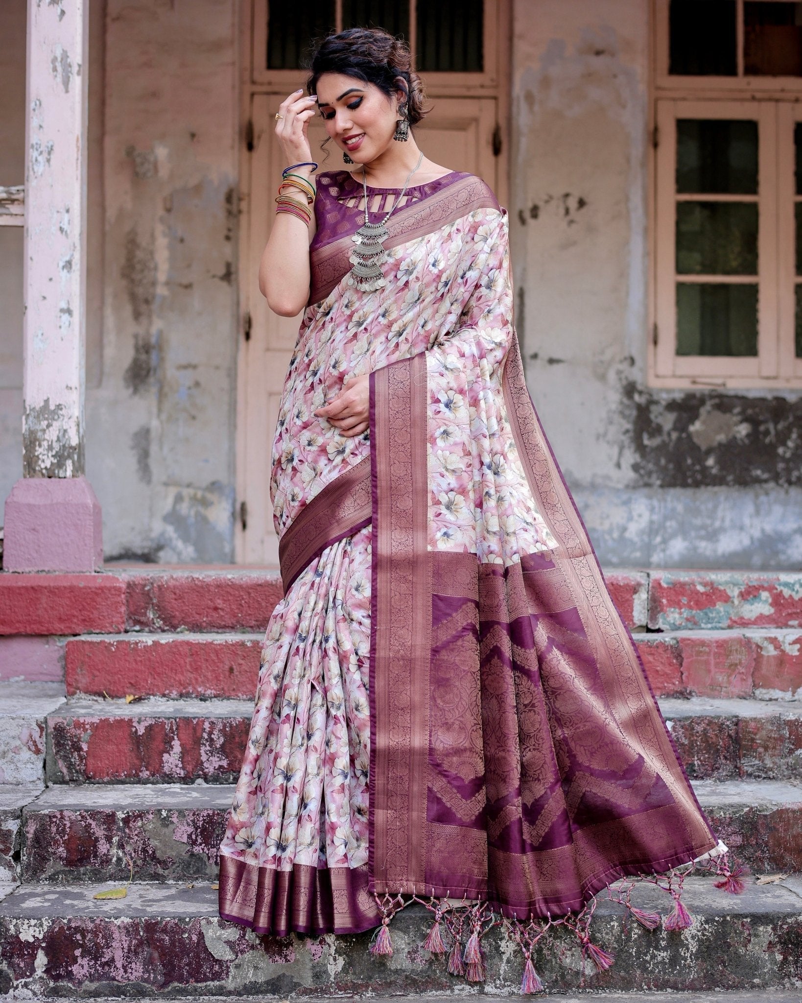 Pure Banarasi Silk Saree Weaved With Golden Zari Comes With Tassels - Almaari Fashion