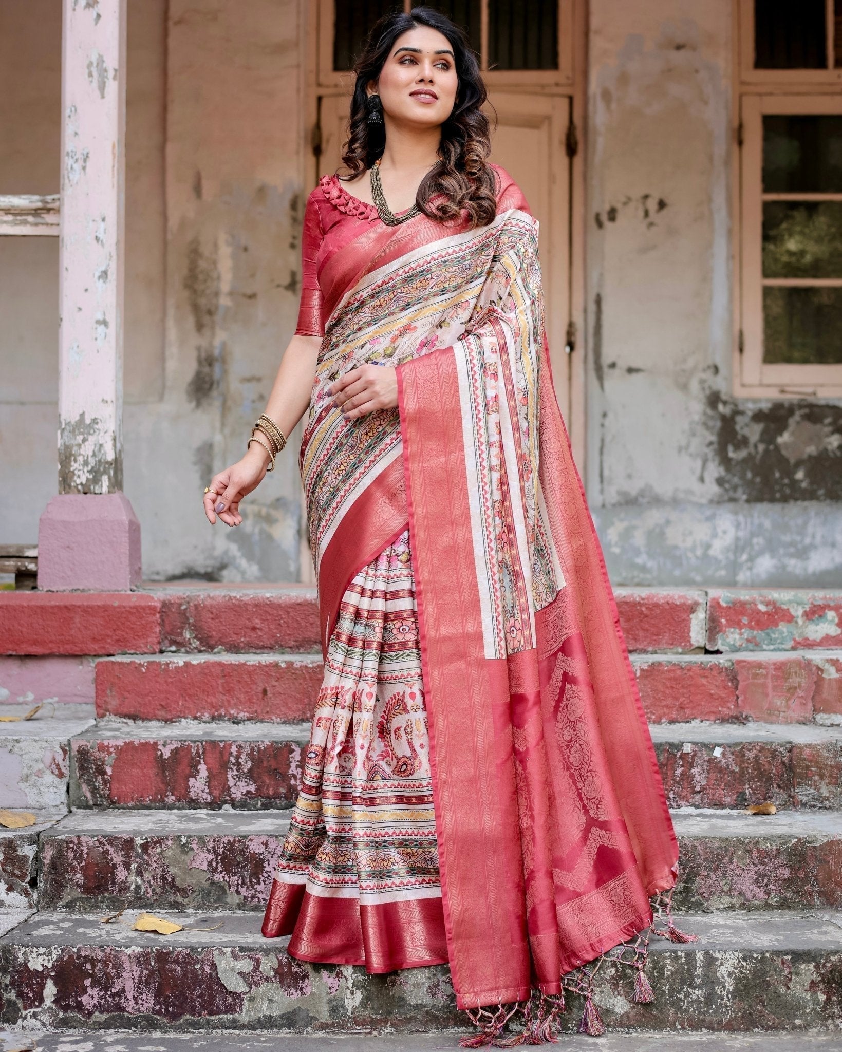 Pure Banarasi Silk Saree Weaved With Golden Zari Comes With Tassels - Almaari Fashion