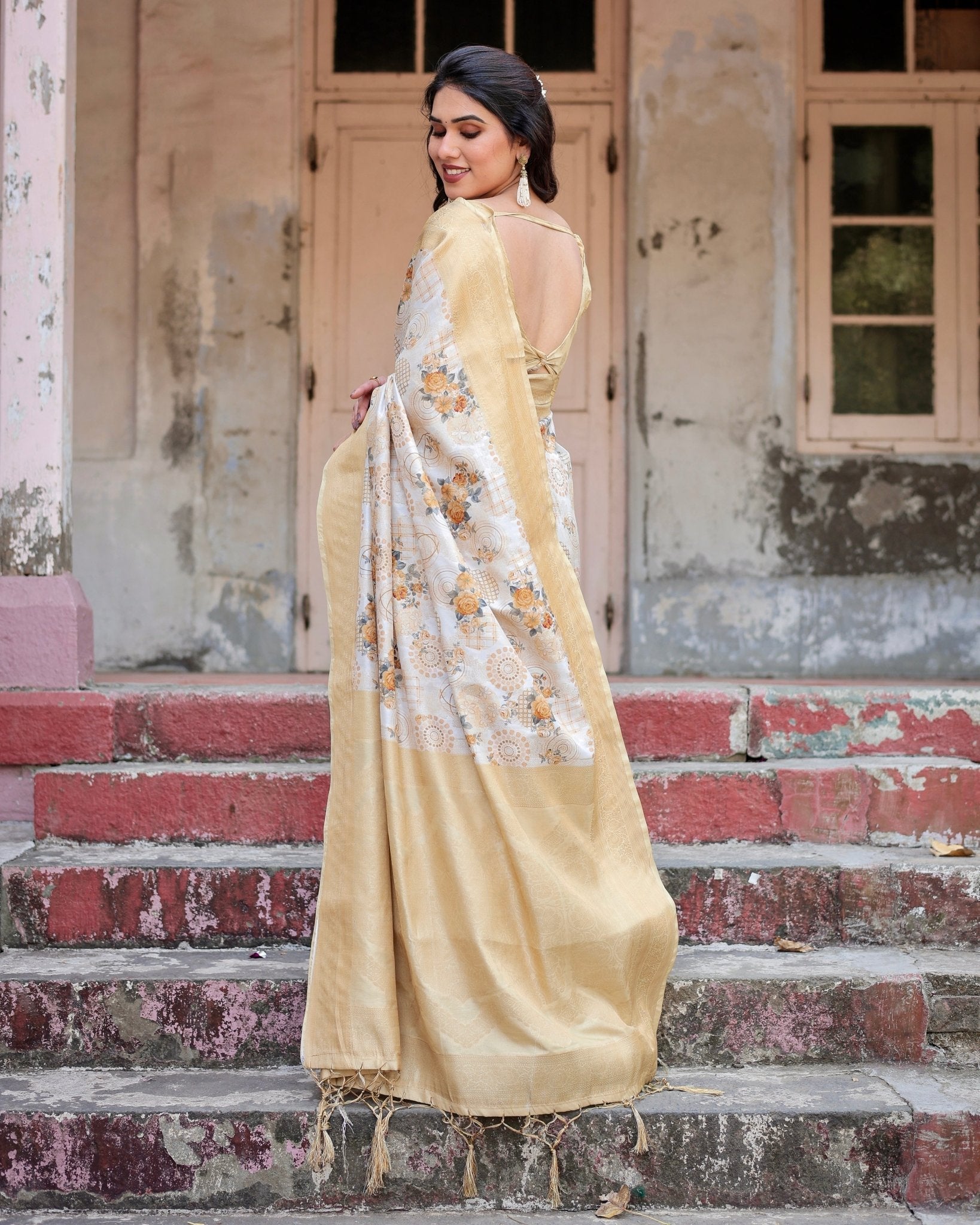 Pure Banarasi Silk Saree Weaved With Golden Zari Comes With Tassels - Almaari Fashion