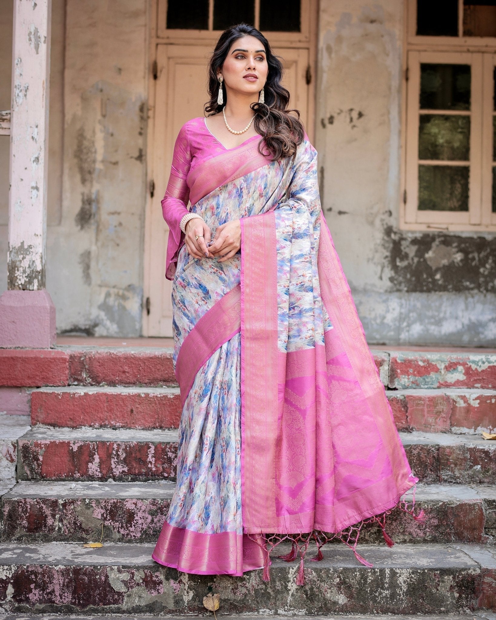 Pure Banarasi Silk Saree Weaved With Golden Zari Comes With Tassels - Almaari Fashion