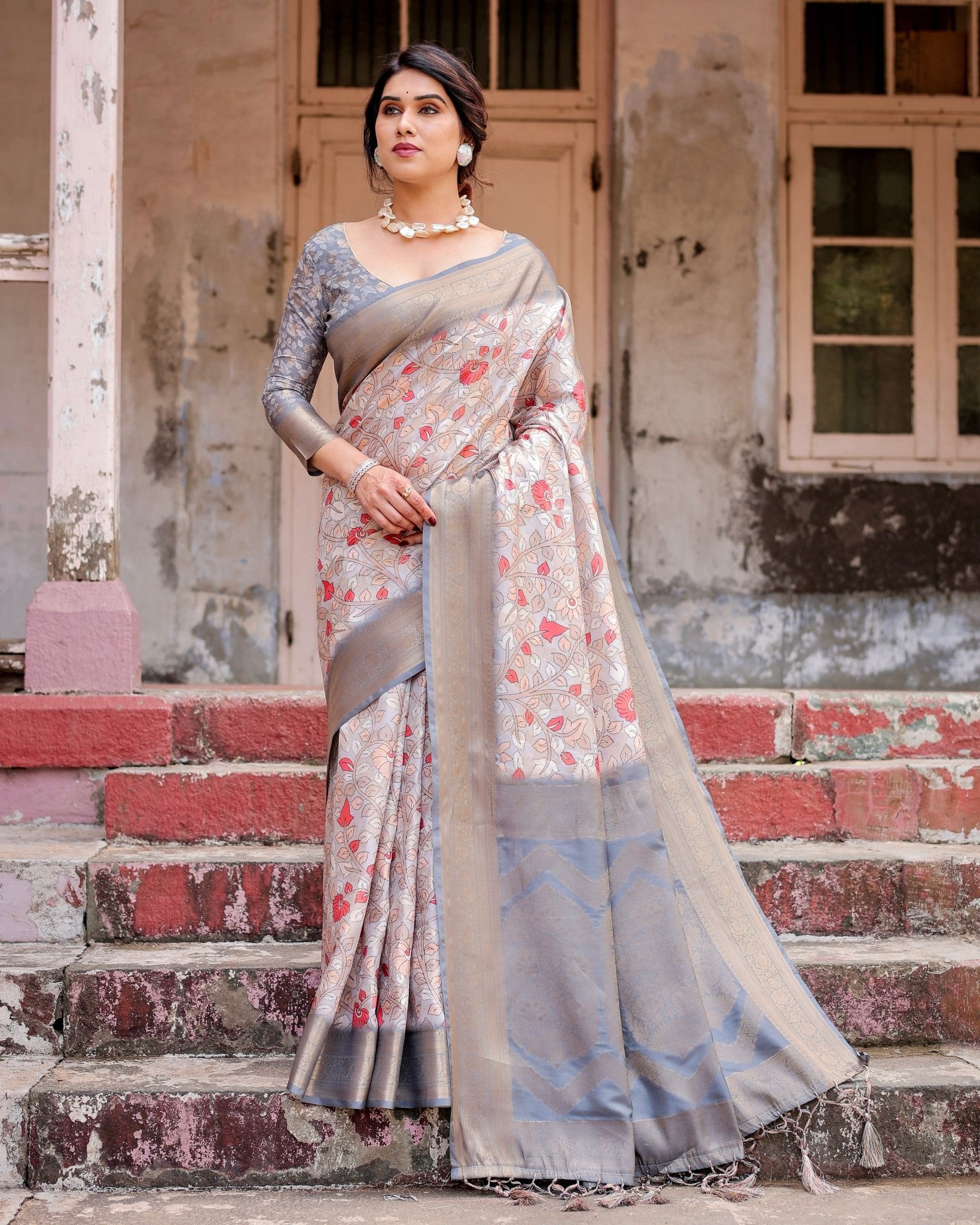 Pure Banarasi Silk Saree Weaved With Golden Zari Comes With Tassels - Almaari Fashion