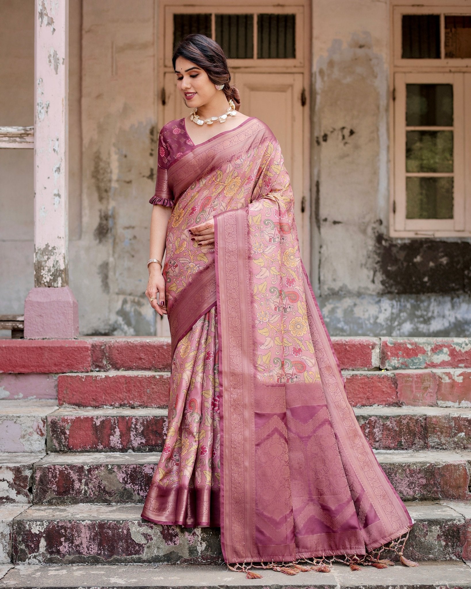 Pure Banarasi Silk Saree Weaved With Golden Zari Comes With Tassels - Almaari Fashion