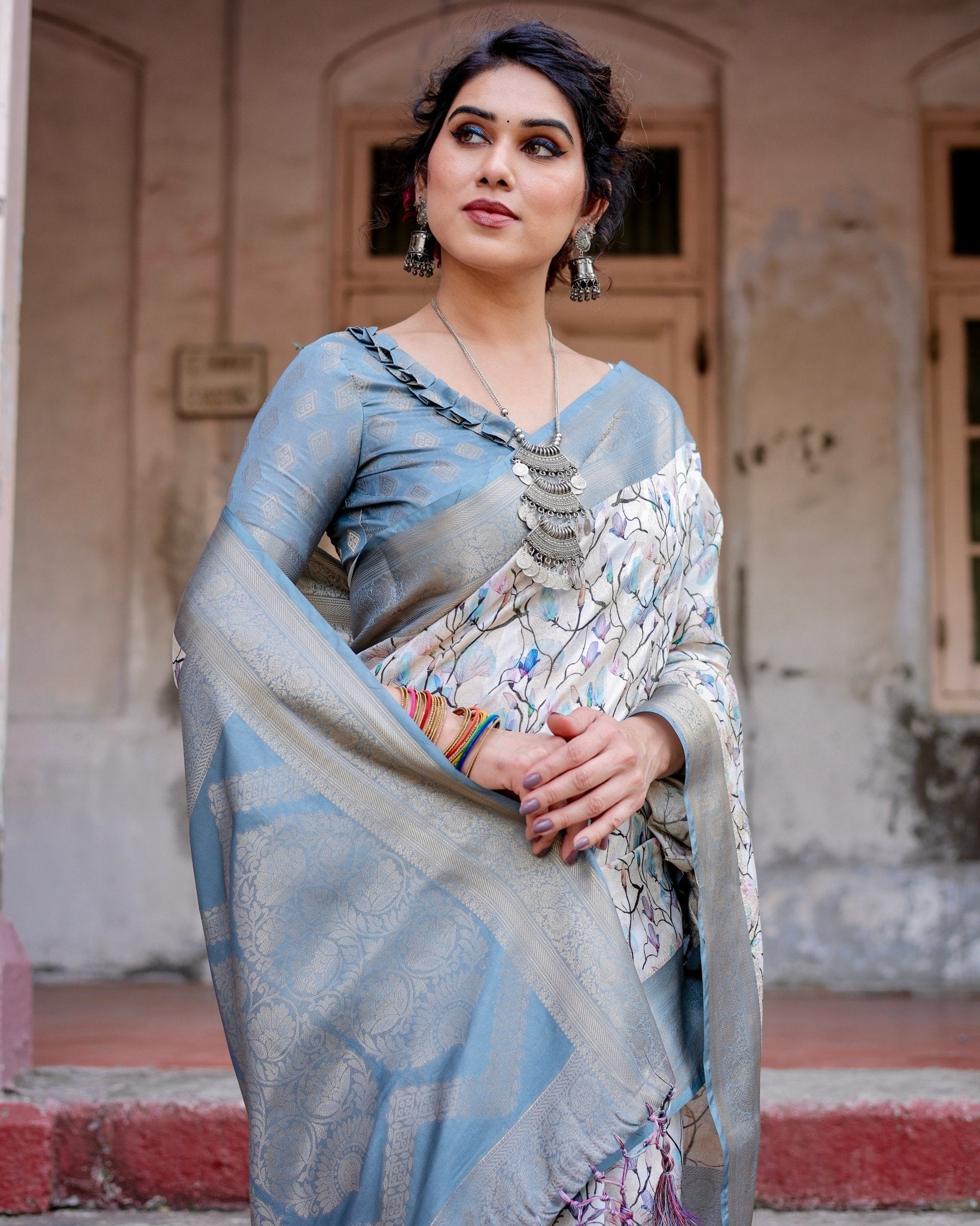 Pure Banarasi Silk Saree Weaved With Golden Zari Comes With Tassels - Almaari Fashion