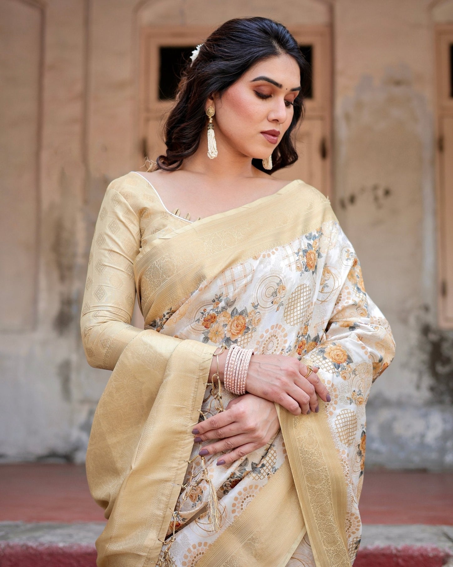 Pure Banarasi Silk Saree Weaved With Golden Zari Comes With Tassels - Almaari Fashion