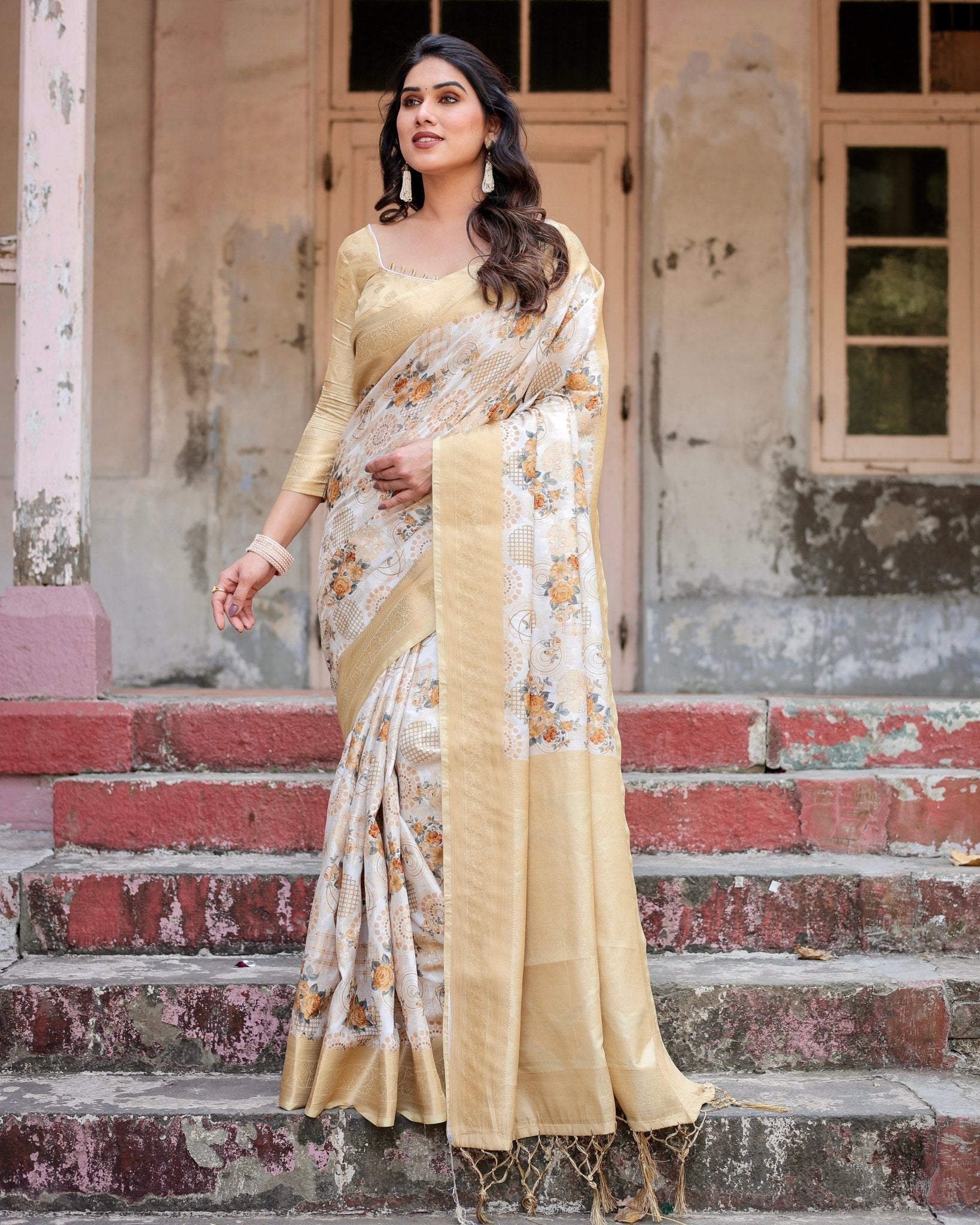 Pure Banarasi Silk Saree Weaved With Golden Zari Comes With Tassels - Almaari Fashion