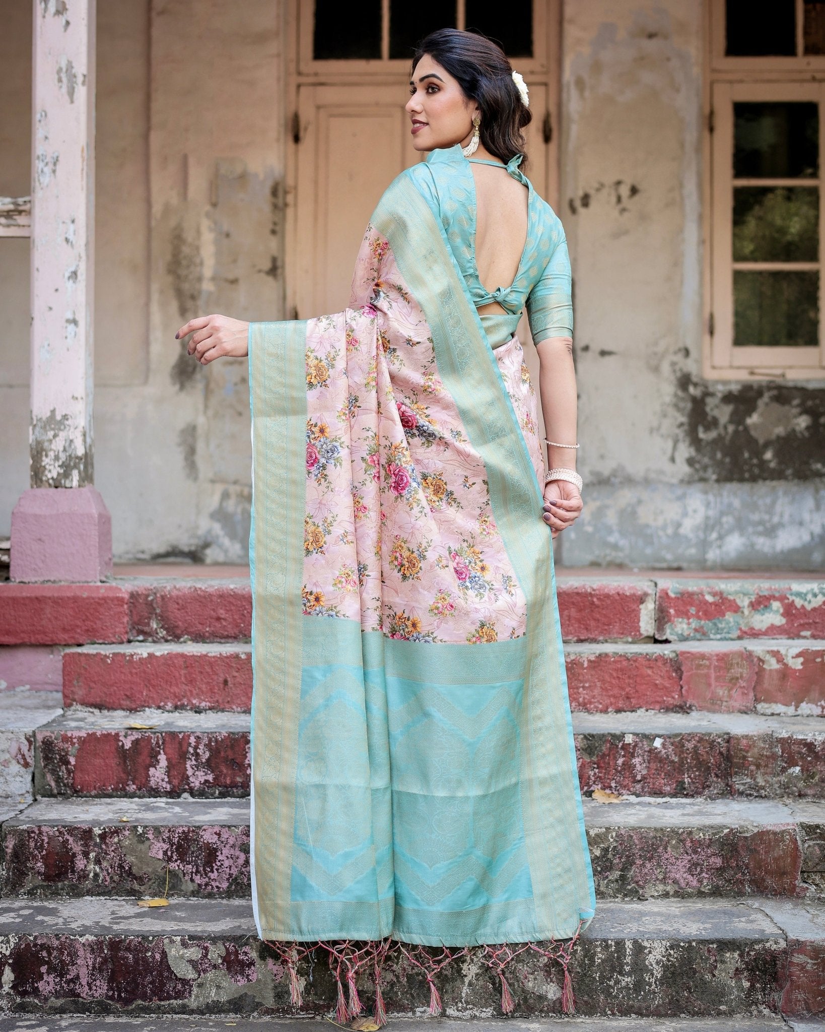 Pure Banarasi Silk Saree Weaved With Golden Zari Comes With Tassels - Almaari Fashion